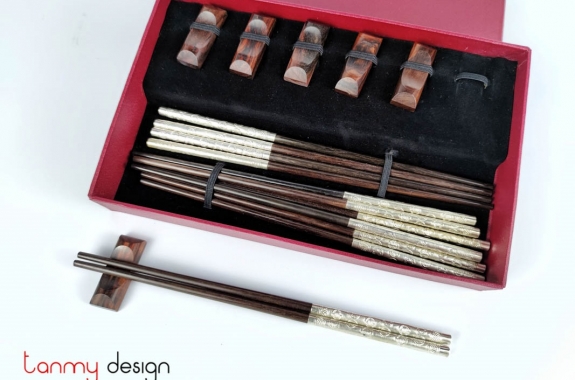 Set of 6 pairs of round rosewood chopsticks with silver head of chopstick engraved with the longevity with chopstick holders